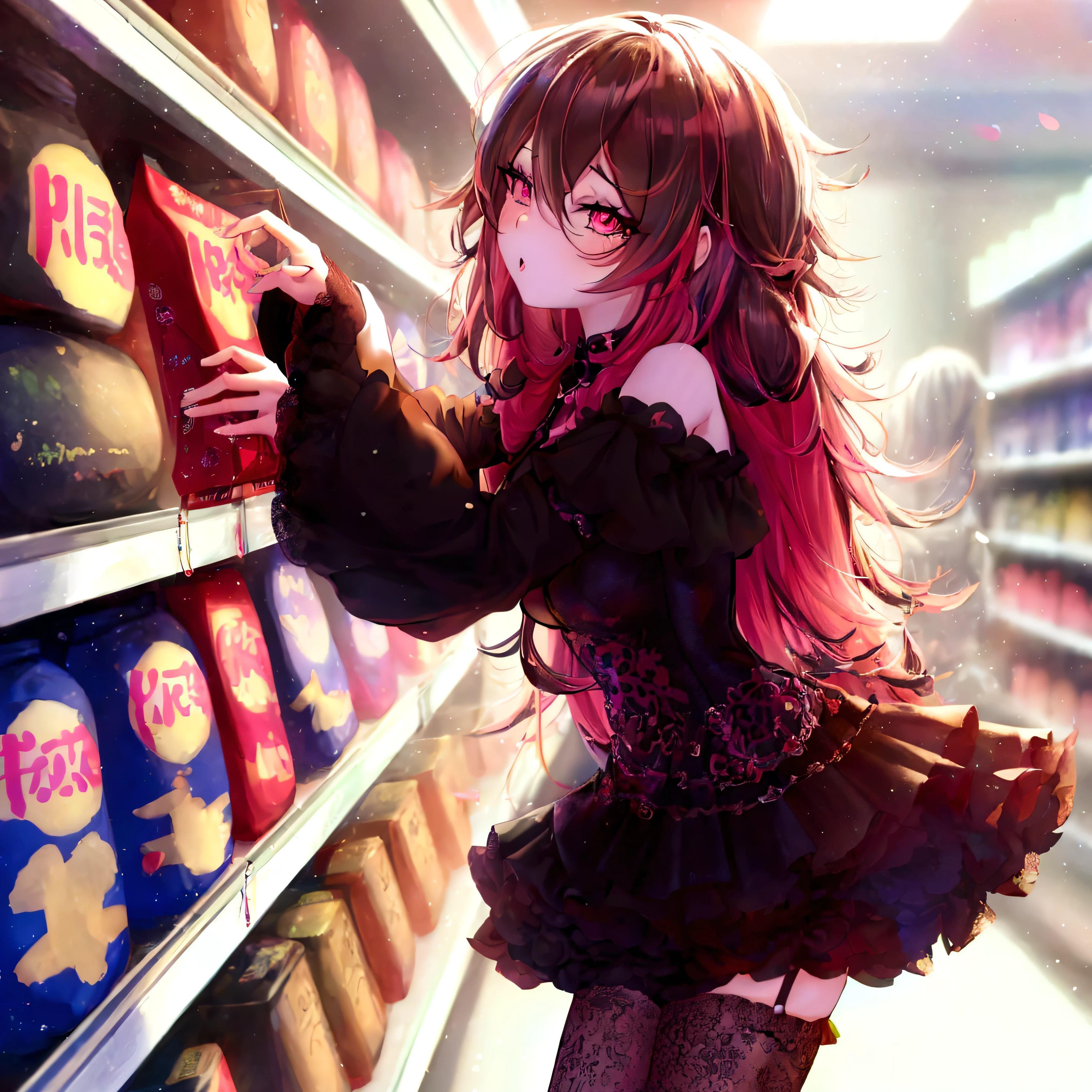 Anime girl in a store with a bag of candy - SeaArt AI