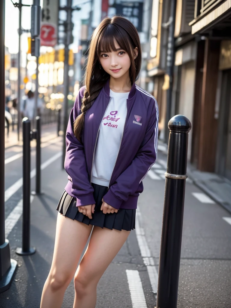 (8K, RAW Photos, Highest quality, masterpiece:1.2), (Realistic, photo-Realistic:1.4), (Highly detailed 8K wallpapers), ((Full Body Shot)), (1 girl), Sharp focus, Depth of written boundary, Cinematic lighting, Soft Light, The beauty of detail, eye_Chan, Very beautiful 17 year old girl, innocent big eyes, Realistic, photo Realistic, Highly detailed cute girl, (Thin thighs), (Model Body Type), 18-year-old, ((purple track jacket)), (Black Micro Mini Pleated Skirt), (((Fold your arms in front of your chest and act arrogantly))), ((A happy smile)), Parted lips, Watching the audience, (On the streets of Tokyo) , (Brown Hair),（Long bob hair braids), (Asymmetrical bangs)