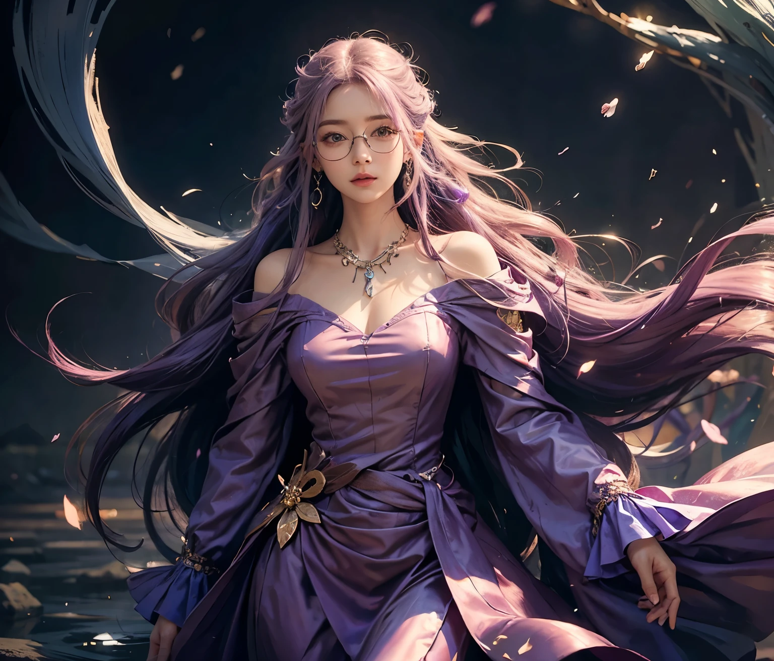 Full-body, hyper-realistic portrait of a young woman with vibrant, flowing lavender hair cascading down to her waist. Hair has an ethereal, almost magical quality with subtle purple highlights. Prominent round, thin-framed glasses sit perfectly on her nose, reflecting light and adding intellectual charm. Striking blue teardrop earrings dangle from her ears, drawing attention with their unique shape and color.