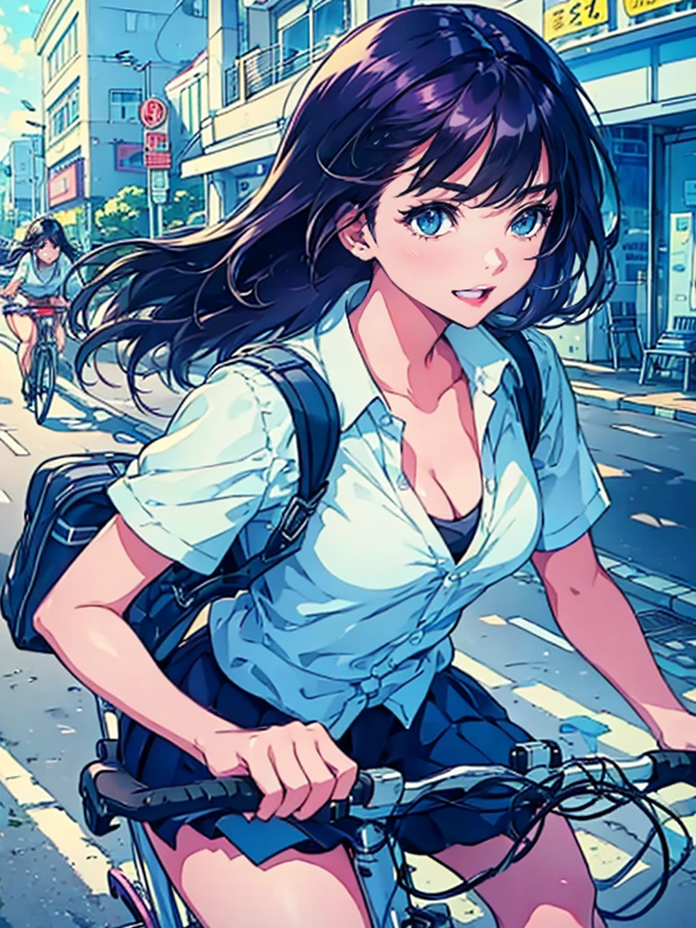 1 chica,solo,lindo,cara perfecta,escote,Parte superior del cuerpo,Camisa y falda,andar en bicicleta,ir a la escuela secundaria,ella es estudiante,en carga