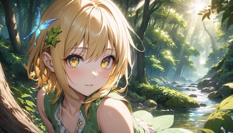 （8K，masterpiece，Highest quality），Hyper Detail，Primary forest，Golden hair shortcut、A fairy girl with a fleeting expression、Sunlig...