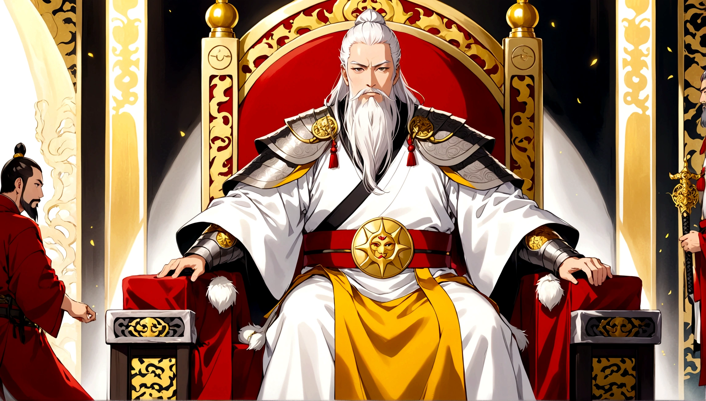 In a gorgeous throne room，There are two middle-aged men。The man has long silver-white hair and thick eyebrows，long white beard，Wearing a golden robe embroidered with dragon patterns，Sitting majestically on a glittering throne。Another man is muscular，have short hair、thick eyebrows and short beard，Wearing armor with a sun symbol and a red belt，Holding a golden sword，Stand in front of the throne。The standing man appears to be protecting the man seated on the throne，There was an air of respect and loyalty between the two.。