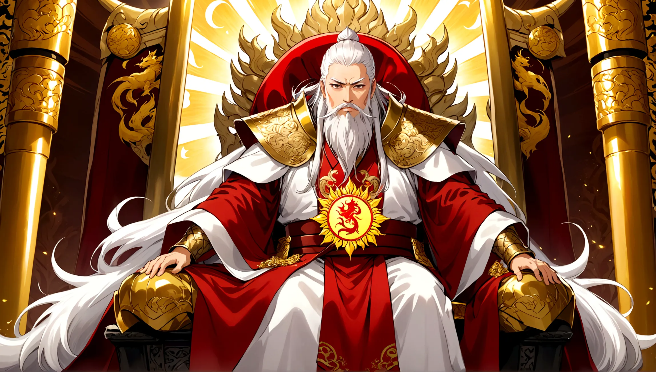 in a gorgeous throne room，there are two middle-aged men。the man has long silver-white hair and thick eyebrows，long white beard，w...