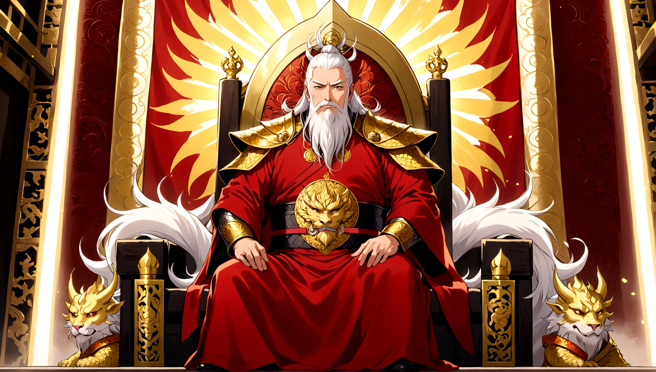 In a gorgeous throne room，There are two middle-aged men。The man has long silver-white hair and thick eyebrows，long white beard，Wearing a golden robe embroidered with dragon patterns，Sitting majestically on a glittering throne。Another man is muscular，have short hair、thick eyebrows and short beard，Wearing armor with a sun symbol and a red belt，Holding a golden sword，Stand in front of the throne。The standing man appears to be protecting the man seated on the throne，There was an air of respect and loyalty between the two.。