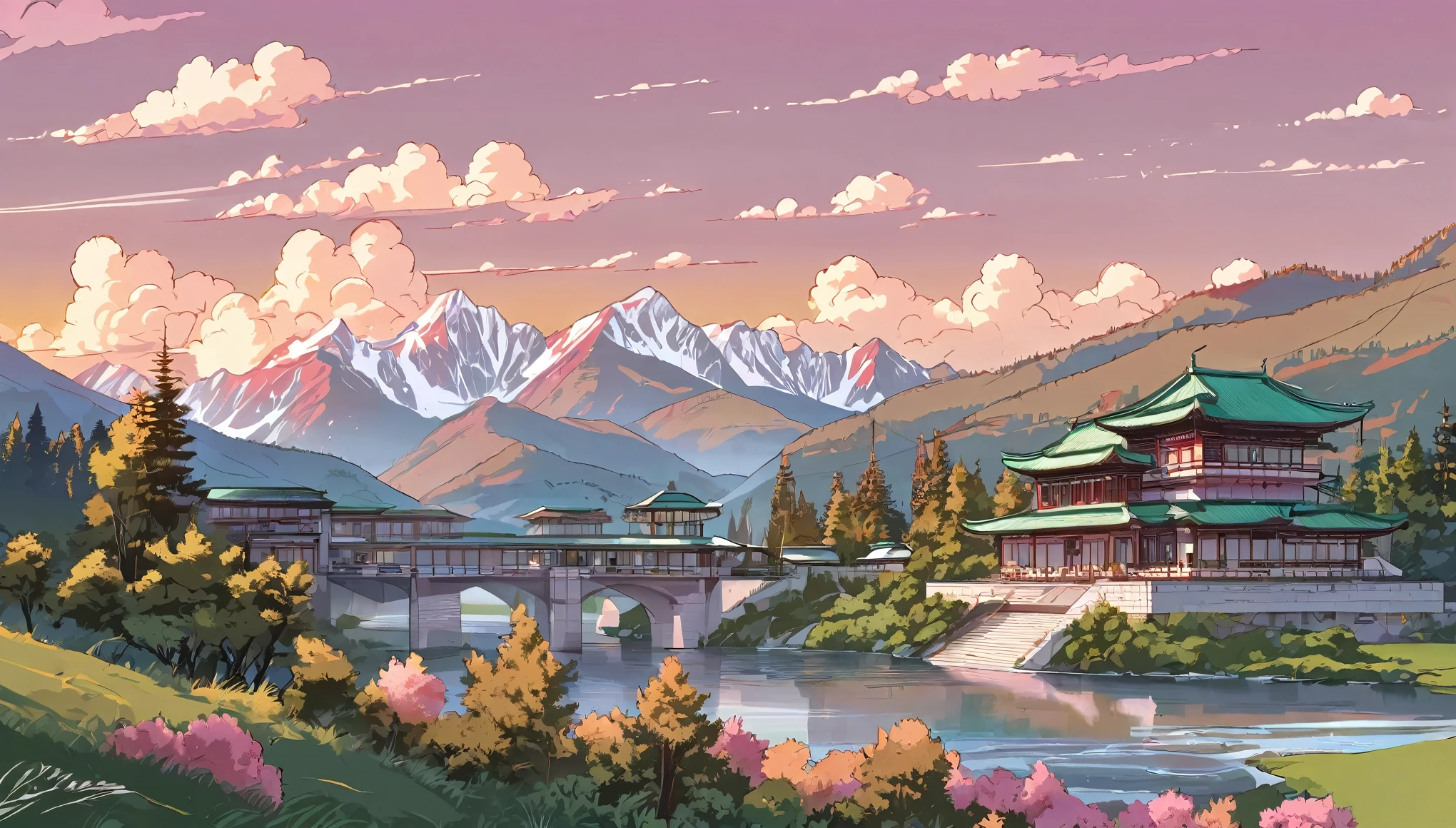 線画, 美的芸術, 夕方, 日没, 雲, 谷間で, 大きな山々に囲まれた, 川沿いの非常に詳細な建築家の家, 緑の木々, 茂み, 日没 light pink colour.