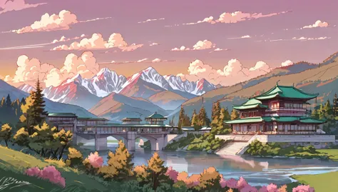 line art, aesthetic art, evening, sunset, clouds, in the valley, surrounded by big mountains, highly detailed architect house on...