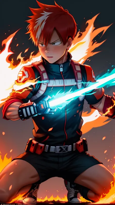 create a poster of shoto todoroki from the anime 'my hero academia'. the image should feature a neon glow effect. half of todoro...