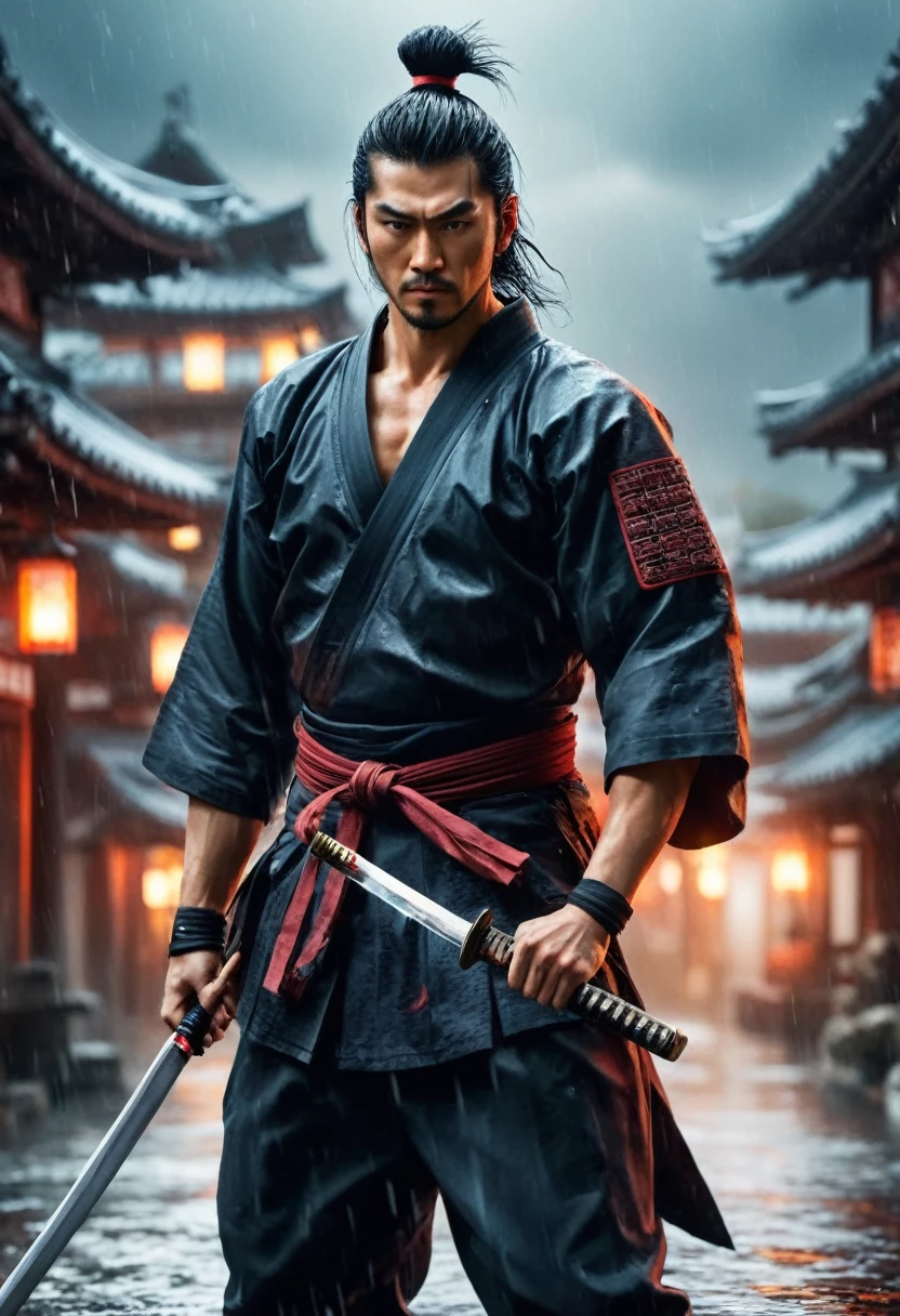 best quality，Ultra-fine，warrior samurai in water ，Air，One hand holding a katana，Face mask，fighting，Dodge，avoid，lifelike，photorealism：1.37），bright colors，clear focus，Defocused，（fantasy：1.2），（mystical landscapes），（dynamic poses：1.37），（intense gaze），（Extraordinary power），（the power of myth），black ，rainy day，Wounds on the body，splash, (clothes, pants and shoes like a futuristic samurai), mature male, /(long black hair tied up/) bangs, cool expression, (serious look:0.5), dignified, (masterpiece best quality:1.2) delicate illustration ultra-detailed, Air，One hand holding a katana，Face mask，fighting，Dodge，avoid，lifelike，photorealism：1.37），bright colors，clear focus，Defocused，（fantasy：1.2），（mystical landscapes），（dynamic poses：1.37），（intense gaze），（Extraordinary power），（the power of myth）