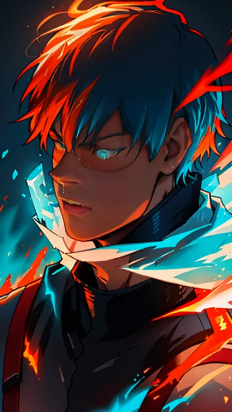 Shoto Todoroki,neon glow effect,half ice half fire,ice side with frosty blue and white,fire side with vibrant red and orange fla...