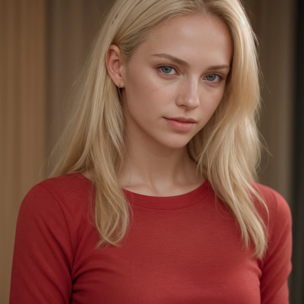 RAW photo, portrait of a beautiful blonde woman wearing a red shirt (high detailed skin:1.2), 8k uhd, dslr, soft lighting, high quality, film grain, Fujifilm XT3