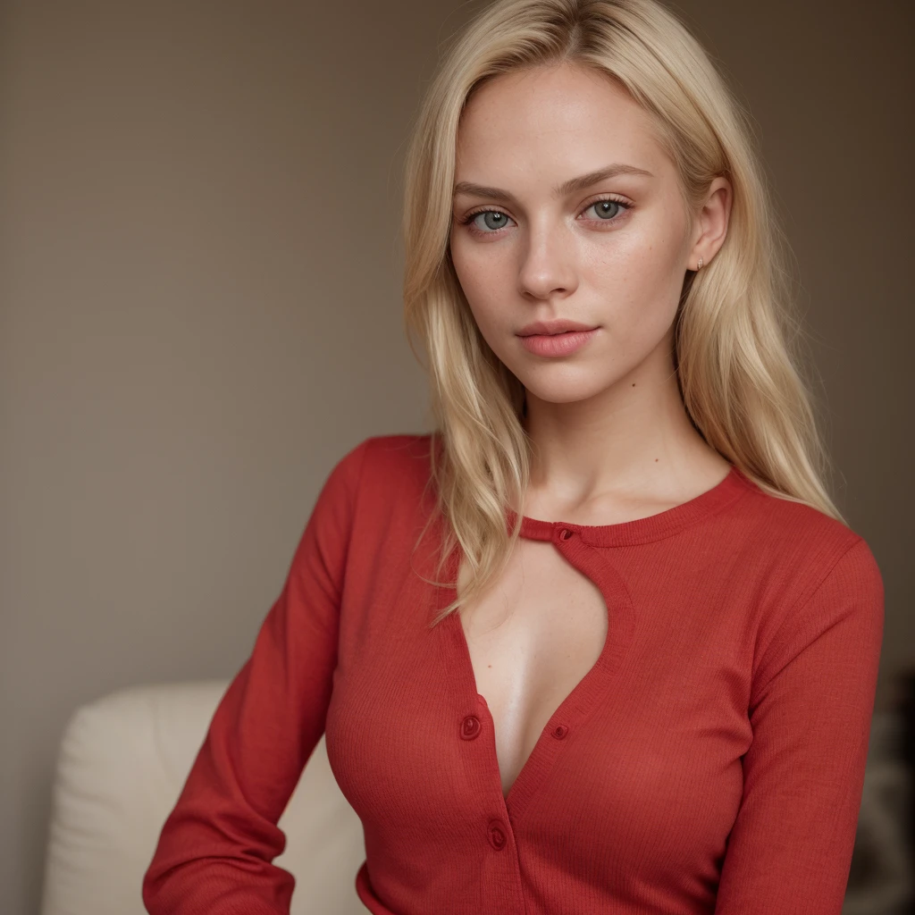 RAW photo, portrait of a beautiful blonde woman wearing a red shirt (high detailed skin:1.2), 8k uhd, dslr, soft lighting, high quality, film grain, Fujifilm XT3
