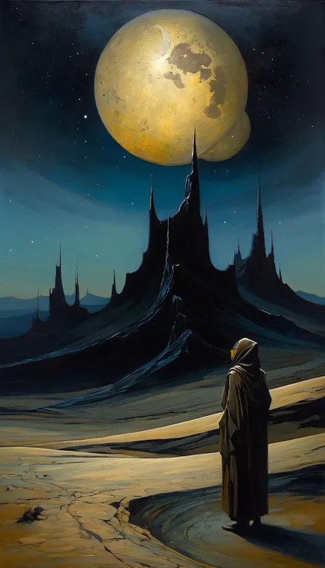 magic, night, cintaminatef world, desert, moons, great landscape, dave mckean inspired, oil painted