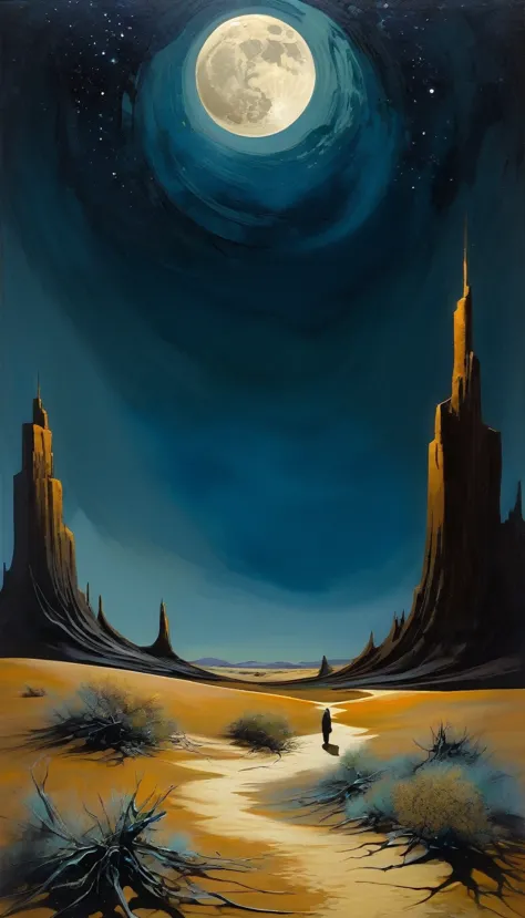 magic, night, cintaminatef world, desert, moons, great landscape, dave mckean inspired, oil painted