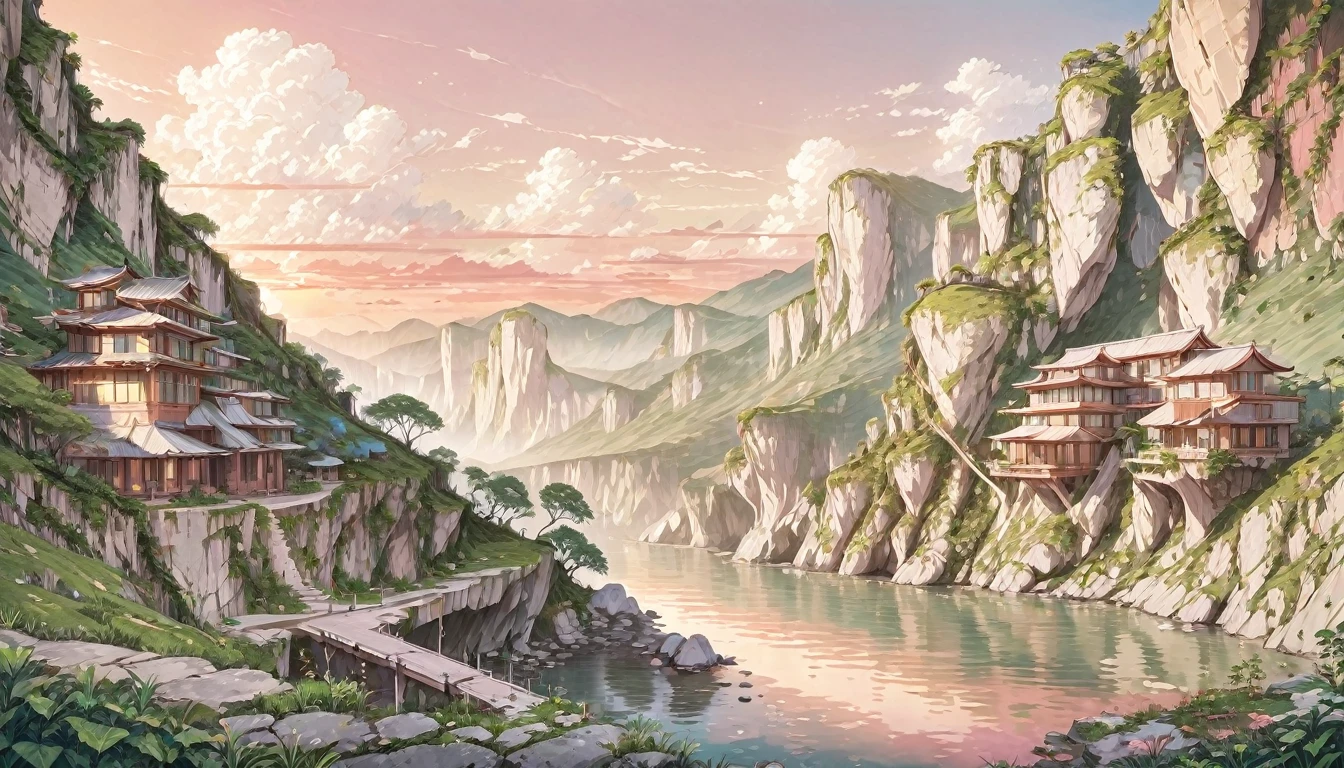 line art, aesthetic art, evening, sunset, clouds, in the valley, surrounded by big mountains, highly detailed architect house on river side, green trees, bushes, sunset light pink colour,makoto shinkai art style