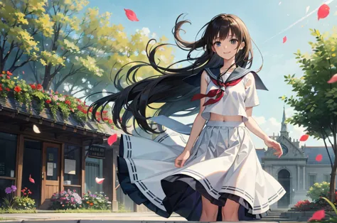 (masterpiece),  town,  blue sky,  One Girl,  smile,  alone,  Sailor suit、Long skirt,  Overgrown,  petal,  plant、Skirt lining、Tra...