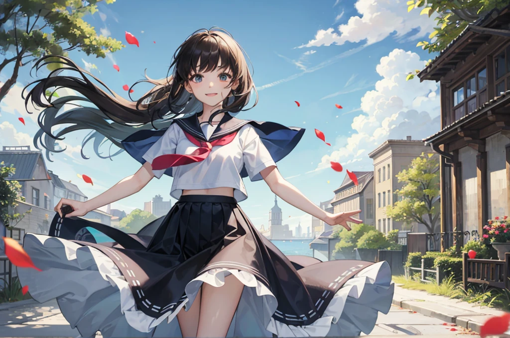 (masterpiece),  town,  blue sky,  One Girl,  smile,  alone,  Sailor suit、Long skirt,  Overgrown,  petal,  plant、Skirt lining、Translucent slip、Nostalgic、Strong winds、Skirt fluttering in the wind