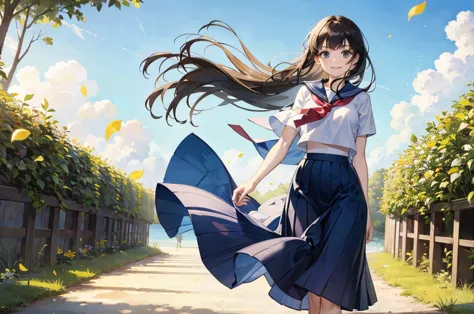 (masterpiece),  town,  blue sky,  One Girl,  smile,  alone,  Sailor suit、Long skirt,  Overgrown,  petal,  plant、Skirt lining、Tra...