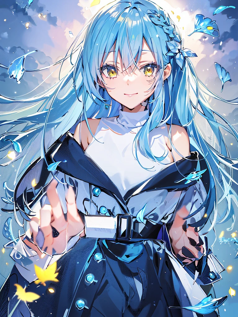 (masterpiece, top quality, best quality, official art, beautiful and aesthetic:1.2), (1girl:1.3), extremely detailed, highest detailed, (dynamic pose), on the street, outdoors, outside, full body view, looking at camera, ((that time i got reincarnated as a slime)), ((Rimuru Tempest)), long silver-blue hair, nature, spring cute and beautiful, medium chest, leaves flying around, anime visual of a cute girl, anime best girl, beautiful anime girl, cute anime girl, pretty anime girl