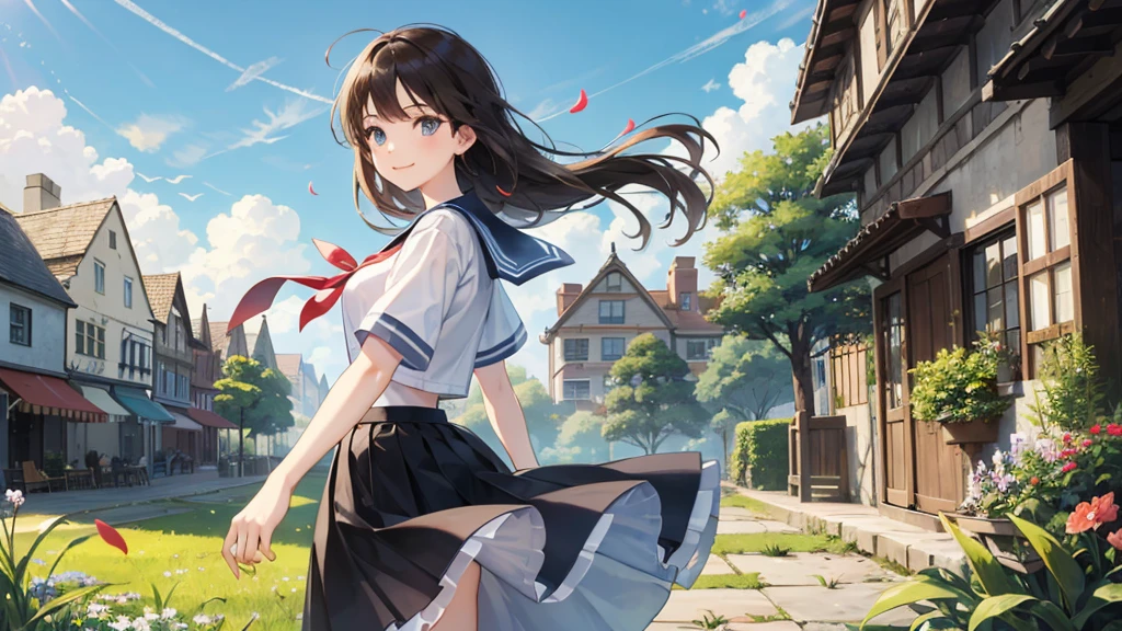 (masterpiece),  town,  blue sky,  One Girl,  smile,  alone,  Sailor suit、Long skirt,  Overgrown,  petal,  plant、Skirt lining、Translucent slip、Nostalgic、Strong winds、Skirt fluttering in the wind