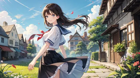 (masterpiece),  town,  blue sky,  one girl,  smile,  alone,  sailor suit、long skirt,  overgrown,  petal,  plant、skirt lining、tra...