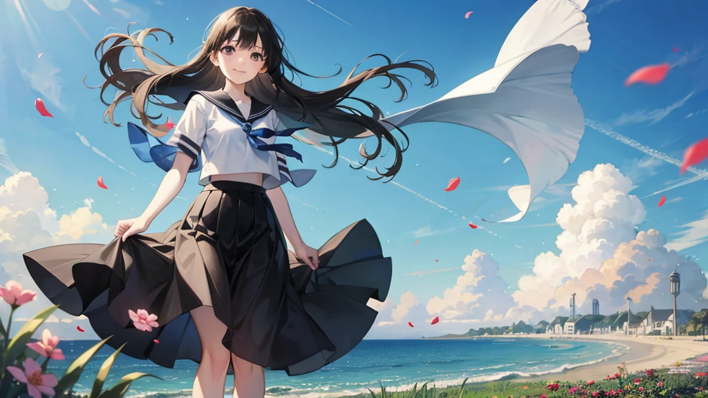 (masterpiece),  town,  blue sky,  One Girl,  smile,  alone,  Sailor suit、Long skirt,  Overgrown,  petal,  plant、Skirt lining、Translucent slip、Nostalgic、Strong winds、Skirt fluttering in the wind