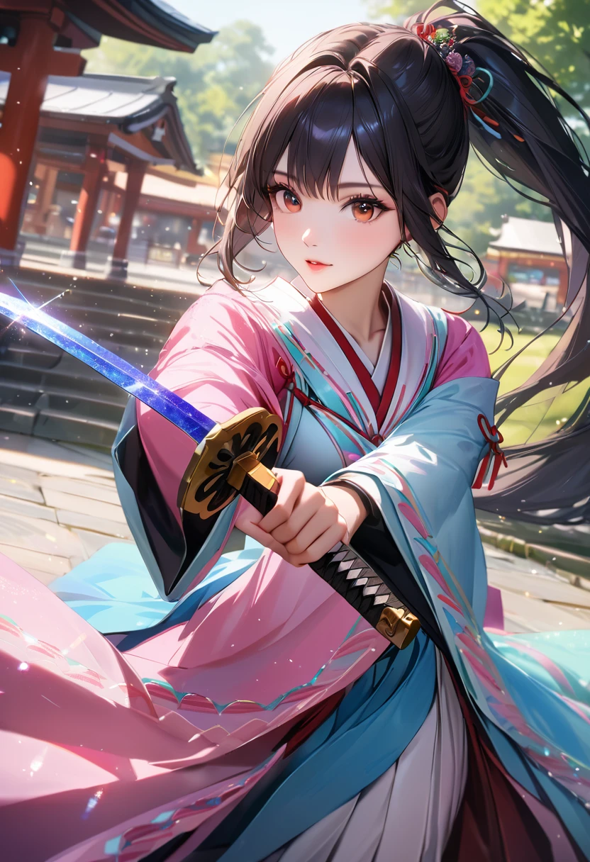 Shrine grounds, Clear sky with white clouds, Shrine maiden, Blur the background,young woman,ponytail,Holding a Japanese sword,Glitter effect,Highest quality, 8K, High resolution, masterpiece:1.2, Very detailed, Realistic:1.37, High resolution, 超High resolution, Ultra-fine painting, Very detailed, Professional, Vibrant colors