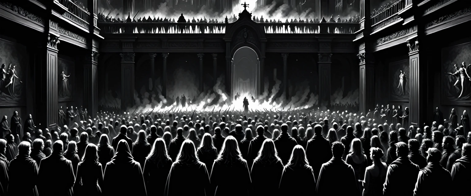 concept art a black and white drawing of a crowd in a dark room, dark fantasy illustration, dark fantasy horror art, surreal dark art, dark but detailed digital art, gustave dore\' background, dark fantasy artwork, an ominous fantasy illustration, baroque dark art, in style of dark fantasy art, dark fantasy style art, dark fantasy digital art, fantasy dark art . digital artwork, illustrative, painterly, matte painting, highly detailed