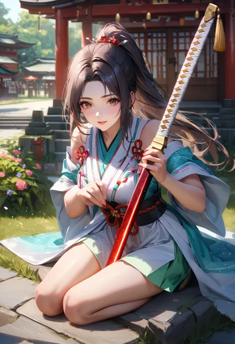 shrine grounds, clear sky with white clouds, shrine maiden, blur the background,young woman,ponytail,holding a japanese sword in...