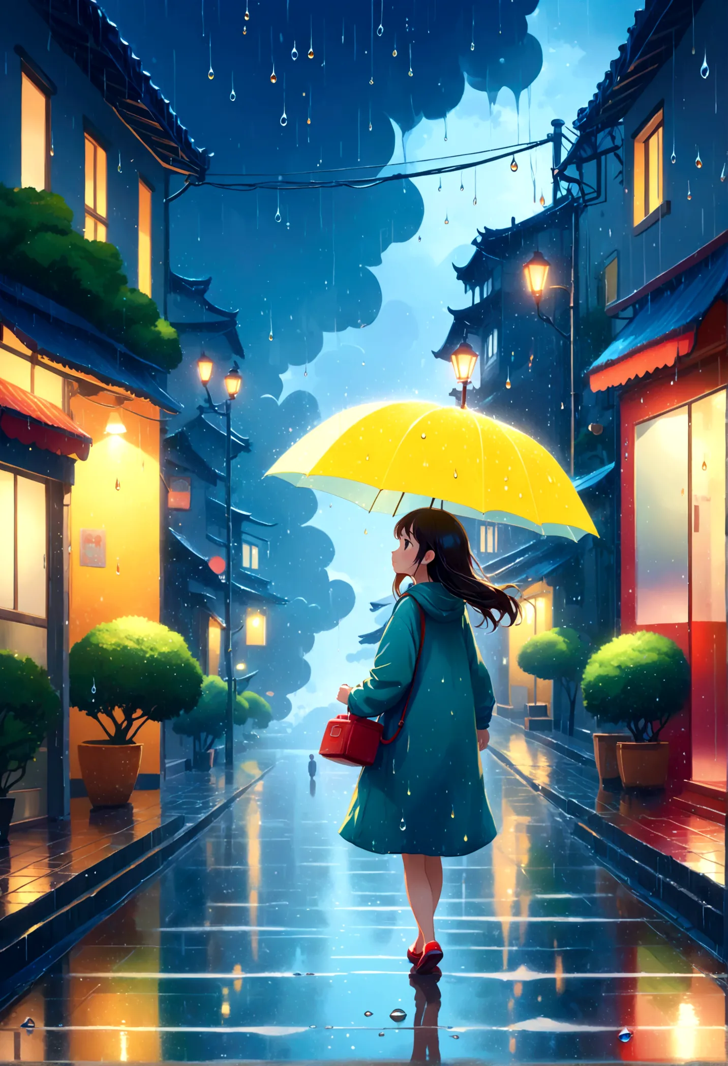 cuteイラスト: landscape,Street corner on a rainy day,絵本に出てくるようなlandscape,Emotional,Girl is walking,break,(Girl with an 傘),Anatomical...