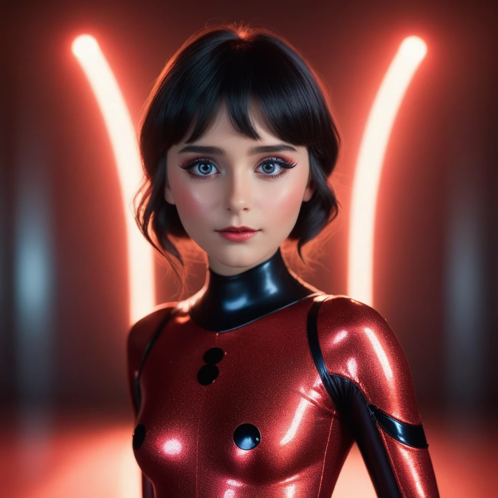 High detail RAW color, full body shot, Marinette Dupain-Cheng in (euphoria:1.0), dark makeup, (dramatic, mysterious, symmetrical background, lightshafts, dark:1.2), bokeh, shallow focus, f2, 85mm, (backlit:1.1), serious, moody, red ladybug chrome bodysuit, eos, skin_pores, 8k high definition, high detail eyes, highest quality, skin texture, masterpiece, best quality, 8k, cinematic lighting, (sharp focus:1.2), HDR, beauty, ultra-detailed, amazing,