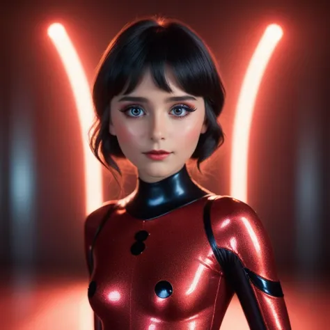 high detail raw color, full body shot, marinette dupain-cheng in (euphoria:1.0), dark makeup, (dramatic, mysterious, symmetrical...