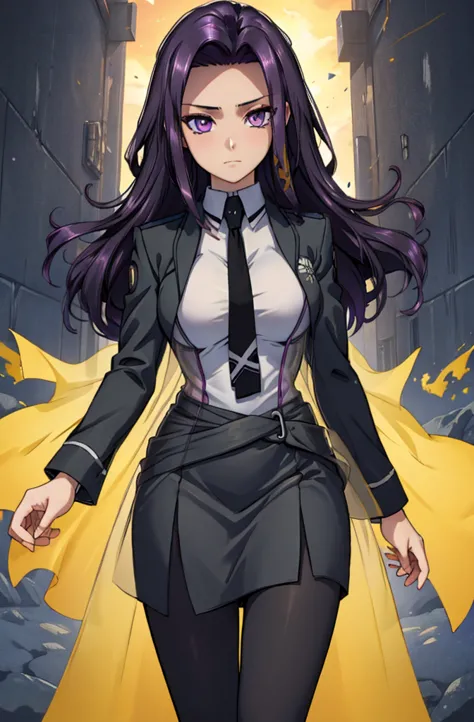 Masterpiece. detailed eyes, waist-length reddish purple hair, Large breasts, black dress, black shirt, magic_high_school_uniform...