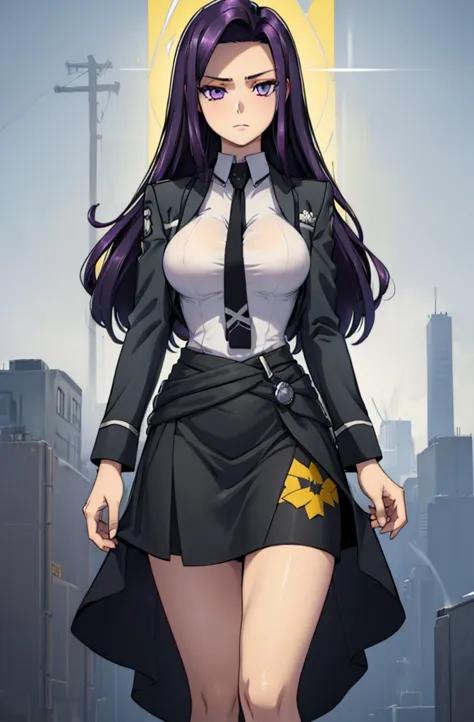 Masterpiece. detailed eyes, waist-length reddish purple hair, Large breasts, black dress, black shirt, magic_high_school_uniform...