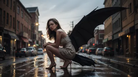 (smaug drahthaar), woman in pink dress squatting down on a brick sidewalk taking a picture, checking her cell phone, a photoreal...