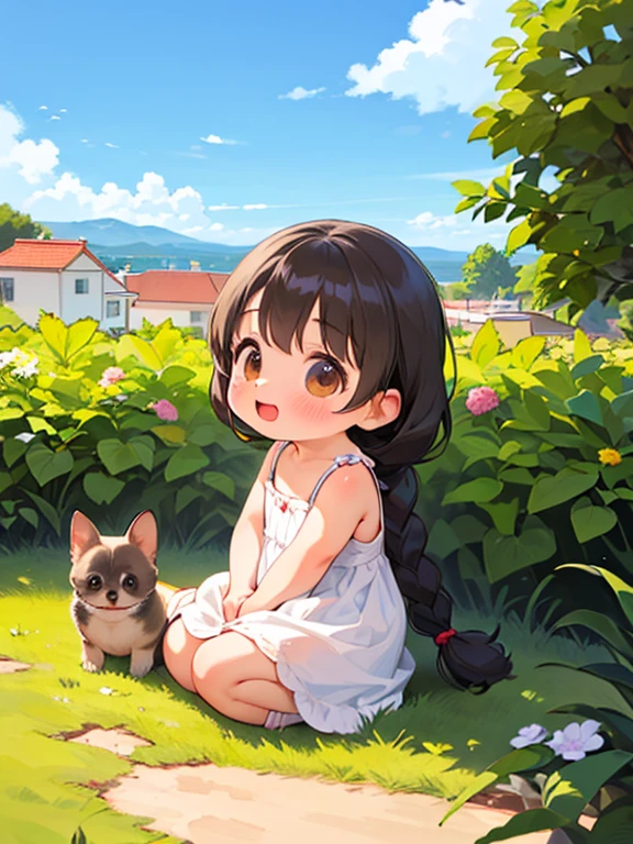 (Highest quality,4K,8K,High resolution,masterpiece:1.2), Very detailed, (Deformed, Realistic, Realistic:1.3)，One Girl，cute，Very short stature，，Laughing happily, Brown eyes，length, fluffy, Black hair braids，White short dress，Hugging a Chihuahua，Chihuahuas are much bigger than girls...，This dog is a chihuahua..，The background in early summer is the garden of a country house，My clothes are transparent because of cold sweat，