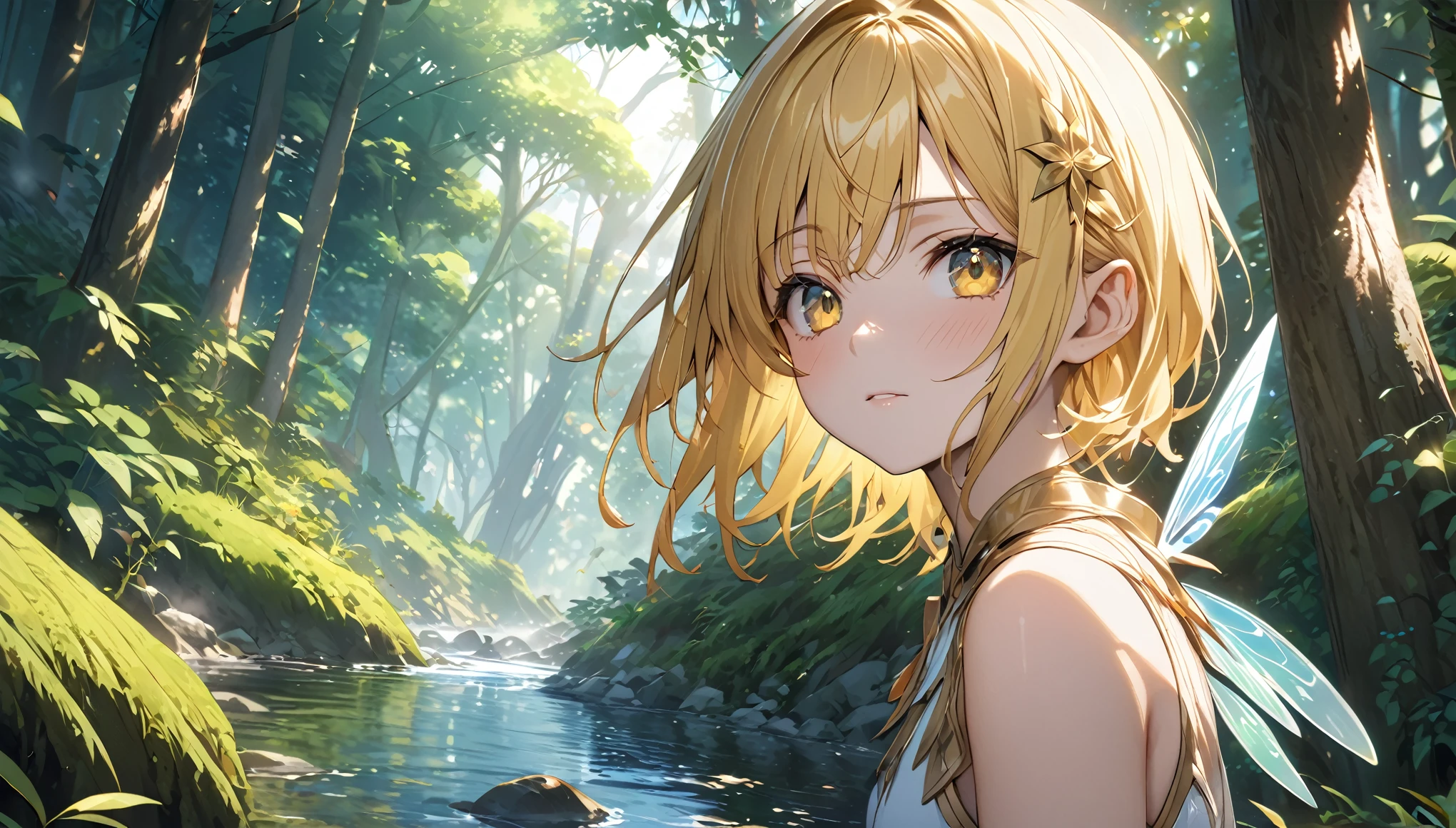 （8K，masterpiece，Highest quality），Hyper Detail，Primary forest，Golden hair shortcut、A fairy girl with a fleeting expression、Sunlight filtering through the trees、river、Highly detailed face、pupil、whole body