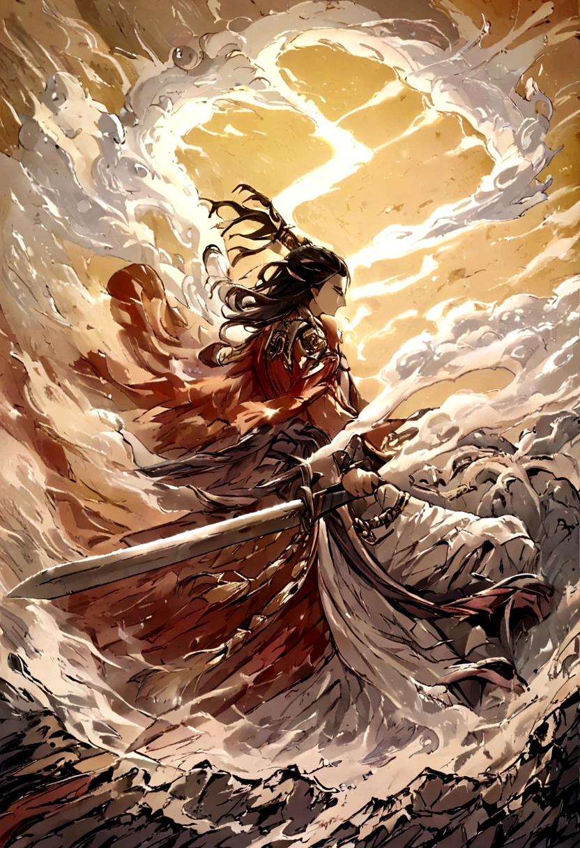 Der Gott der Sonne und der Dunkelheit (posiert mit einem Schwert, das von einer Aura der Dunkelheit und der Sonne umgeben ist, mit langen Haaren 