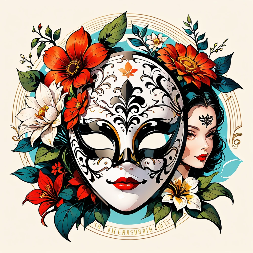 black lines contour，retro，Logo design，illustrator，Flower-filled masks