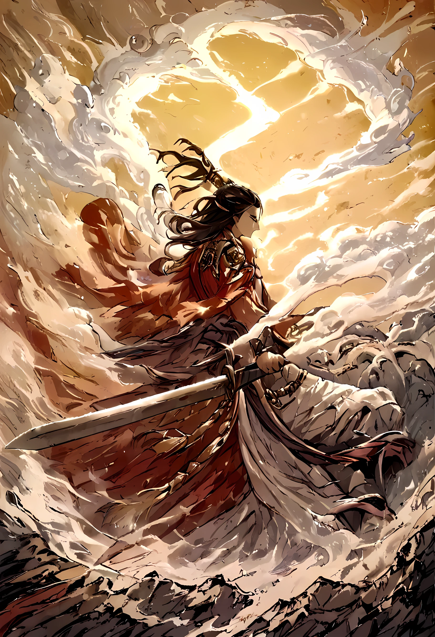 O deus do sol e das trevas (posando segurando uma espada coberta por uma aura de escuridão e o sol com cabelos longos 