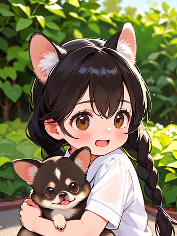 (Highest quality,4K,8K,High resolution,masterpiece:1.2), Very detailed, (Deformed, Realistic, Realistic:1.3)，One Girl，cute，Very short stature，，Laughing happily, Brown eyes，length, fluffy, Black hair braids，White short dress，Hugging a Chihuahua，Chihuahuas are much bigger than girls...，This dog is a chihuahua..，The background in early summer is the garden of a country house，My clothes are transparent because of cold sweat，