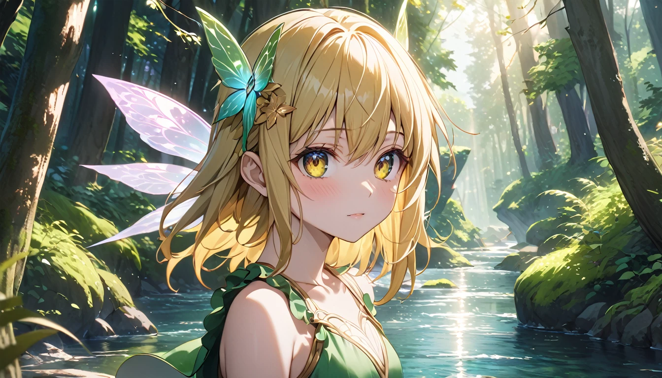 （8K，masterpiece，Highest quality），Hyper Detail，Primary forest，Golden hair shortcut、A fairy girl with a fleeting expression、Sunlight filtering through the trees、river、Highly detailed face、pupil、whole body