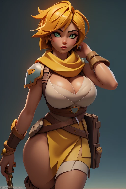 Best quality, masterpiece, ultra high res,photorealistic, raw photo,best quality,global illumination,8k wallpaper,official art, Amazing, finely detail,huge filesize, ultra-detailed,(extremely detailed eyes and face:1.2),(incredibly absurdres)), big tits, uncensored, Kinessa from the paladins game, naked, yellow scarf, short hair