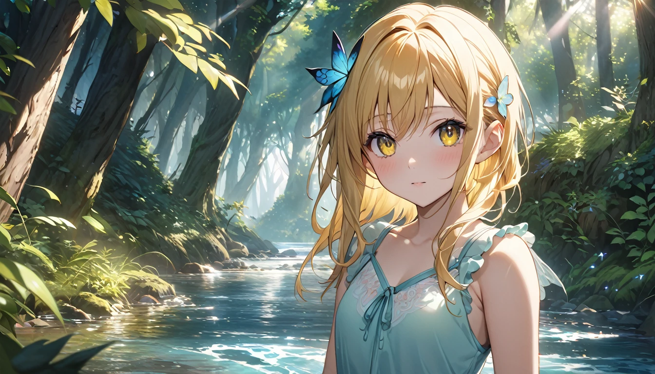 （8K，masterpiece，Highest quality），Hyper Detail，Primary forest，Golden hair shortcut、A fairy girl with a fleeting expression、Sunlight filtering through the trees、river、Highly detailed face、pupil、whole body