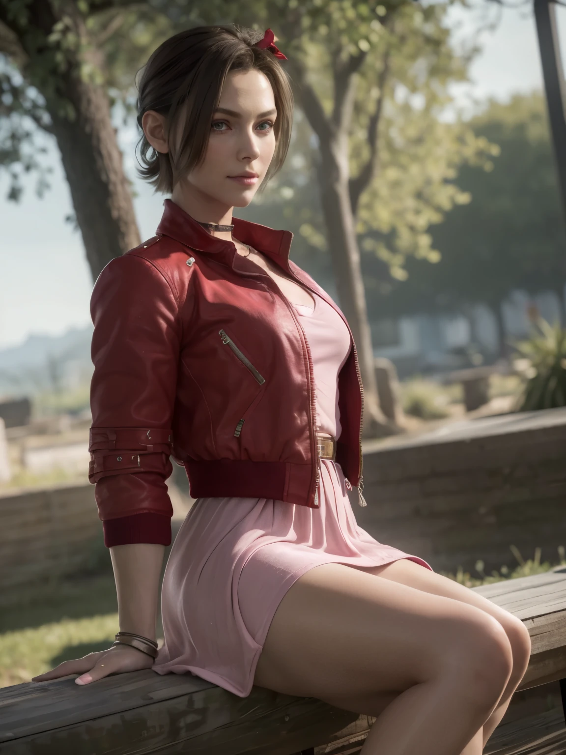 Aaerith gainsborough short hair,, (masterpiece, best quality:1.4), (future days), (full of white flowers), (1girl), ((18 years old)), solo, (european youth:1),  choker, cropped jacket, hair bow, bracelet, (((red jaket))), (((pink dress))), brown boots, hair ribbons, hair flowers, strapless red dress, high heels hyperrealistic, high detailed skin, dslr, soft lighting, high quality, highly detailed face, highly detailed skin, skin pores, subsurface scattering, realistic pupils, medium breast, full face blush, full lips, detailed background, depth of field, volumetric lighting, sharp focus, absurdres, realistic proportions, good anatomy,  ((looking at viewer)), ((cowboy shot)), (realistic, hyperrealistic:1.2), 16k hdr,  enhanced colour up 20%, vivid colour +20%, saturation up 20%, medium breasts, show vagina, spread legs.