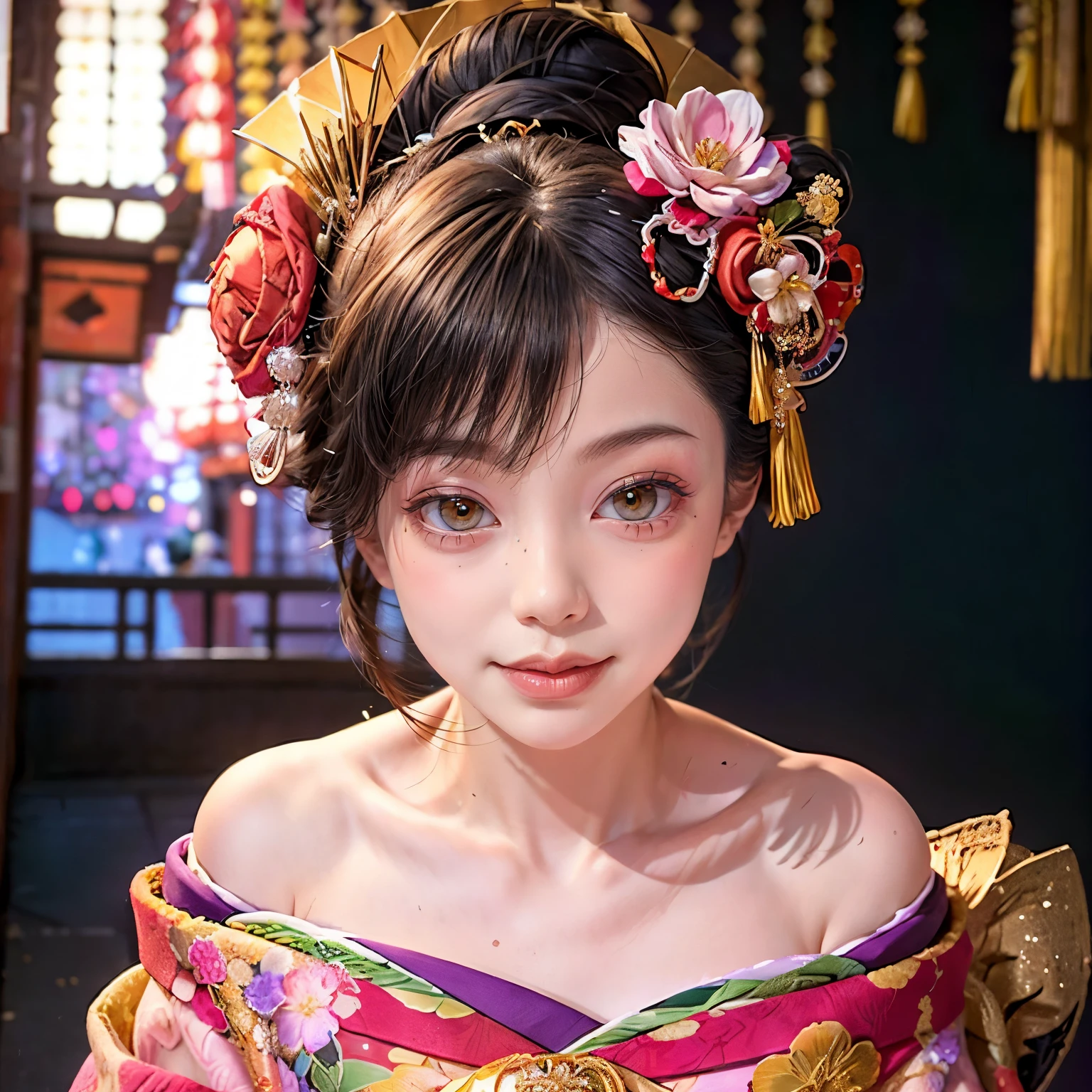 (PUNIPUNI clavicle KIMONO ((offshoulder)) KANZASHI FlowerHairpins Topknot TwinBun Oiran-Hair)High-level, 8K Masterpiece TopQuality, Ultra-detailed CG, Absurd detailed wallpaper, PerfectLighting, Extremely detailed (((Personifying " OIRAN " as a KAWAII Girl))), Characteristic Items, aesthetic LifeLike Rendering, MysticSight, Haze Tyndall Scattering, (Studio Dark Background with (Oodles Dazzling Iridescent 🌈Particles (BokeH))), (((Assfocus)) RoundlyButt) ThighGap, (Exposed:0.44) 🔞 BREAK (Acutance:0.8), (NOGIZAKA FaceVariations) Extremely Detailed very KAWAII FaceVariations, Childish CaptivatingGaze ElaboratePupils ParfectEyes with (SparklingHighlights:1.28), (Voluminous LongEyelashes:0.88), 💄💋✨ GlossyRedLips with BeautifulDetails, CoquettishTongue, PUNIPUNI RosyCheeks, Radiant PearlSkin with Transparency, Glowing DowneyHair . { (Dynamic LifeLike expressions:1.4) | (:d) }, (large eyes:-1) .