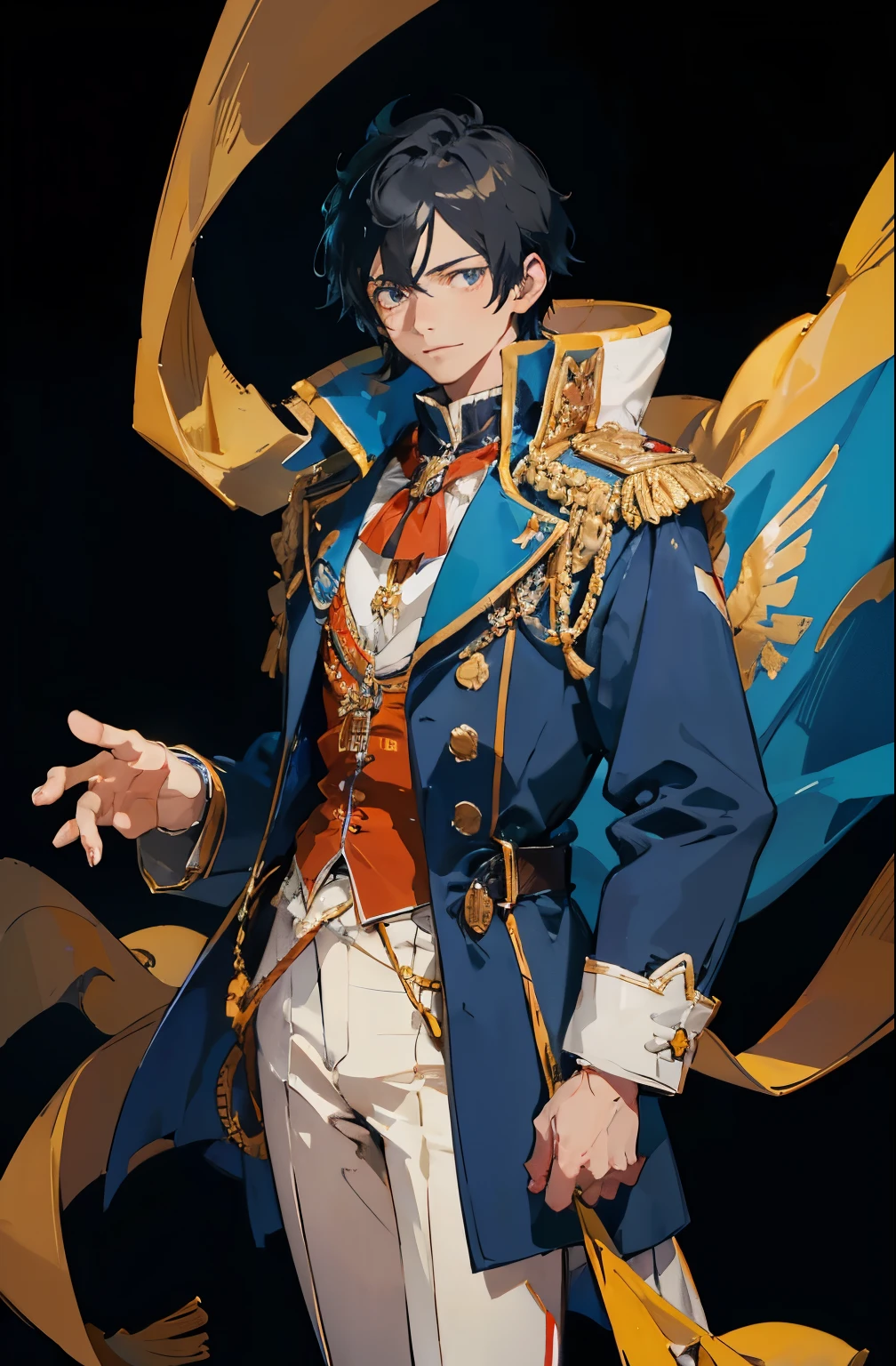 2D flat illustration, anime, Napoleon Bonaparte, Adult male, 28 years old, good looking, tall, Blue-black hair, Yellow flashy coat, Gorgeous embroidery, Facial details, Detailed colorful backgrounds, Aura of Gold, Best Images, High resolution, Half Body Shot, A kind smile, Engage your audience, Half Body Shot, Full Body Shot, Cowboy Shot