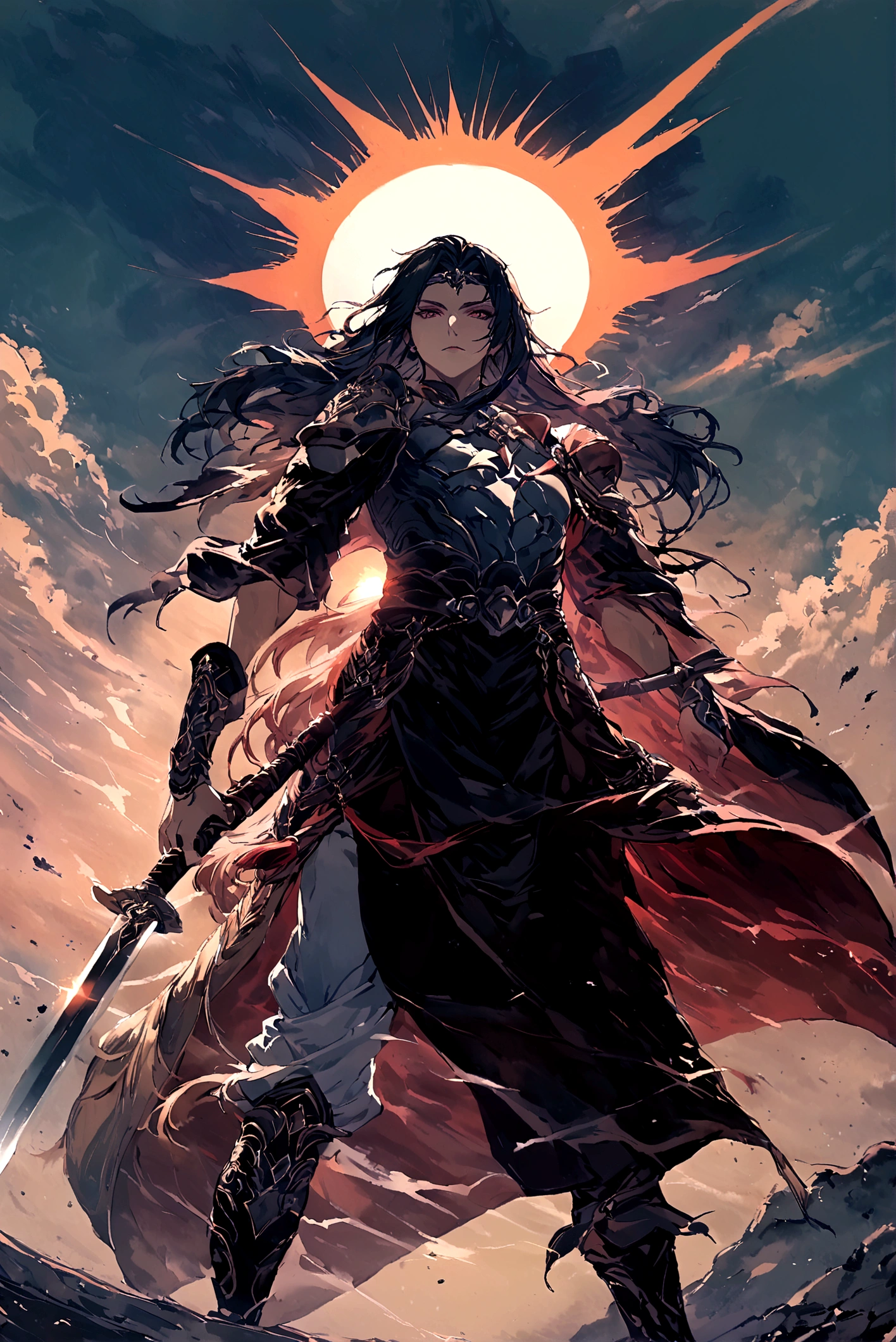 The god of the sun and darkness (posing holding a sword covered in an aura of darkness and the sun with long hair 