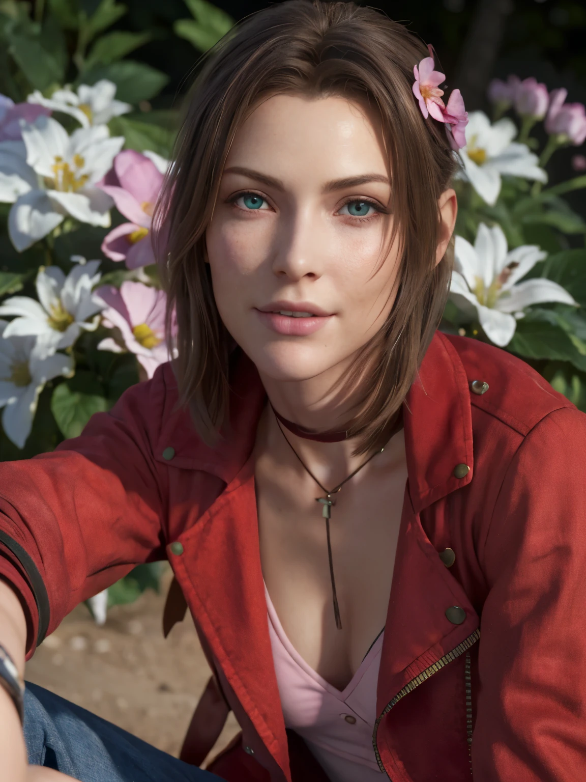 Aaerith gainsborough short hair, sensual face, (masterpiece, best quality:1.4), (future days), (full of white flowers), (1girl), ((18 years old)), solo, (european youth:1),  choker, cropped jacket, hair bow, bracelet, (((red jaket))), (((pink dress))), brown boots, hair ribbons, hair flowers, strapless red dress, high heels hyperrealistic, high detailed skin, dslr, soft lighting, high quality, highly detailed face, highly detailed skin, skin pores, subsurface scattering, realistic pupils, medium breast, full face blush, full lips, detailed background, depth of field, volumetric lighting, sharp focus, absurdres, realistic proportions, good anatomy,  ((looking at viewer)), ((cowboy shot)), (realistic, hyperrealistic:1.2), 16k hdr,  enhanced colour up 20%, vivid colour +20%, saturation up 20%, medium breasts, show vagina, spread legs.