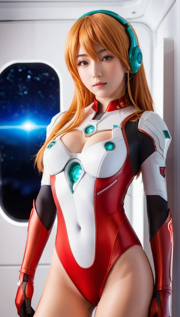 (俯瞰figure),Dynamic Angle,Super detailed, figure, close, Straight, One girl, 
 ((Soryu Asuka Langley, Interface Headset, Red bodysuit:1.4, blonde)),Her eyes shone like dream-like stars,(Glowing Eyes:1.233),(Beautiful and detailed:1.1),(Expressionless,Mouth closed),(Are standing), 
(In a white spaceship、Mechanic room with tools and spaceship window),
(night:1.2),dream-like, [[Delicate fingers and hands:0.55]::0.85],(Finger details),