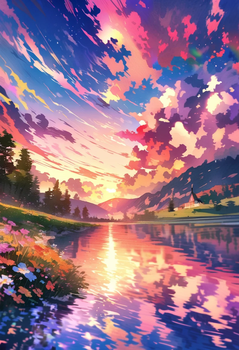 美しい夕日をお楽しみください, 丘は花や植物で覆われている., 花が近づいてきました, カラフルな空, シュールな色彩, 色鮮やかな夕焼け, カラフルな空, 美しい空の反射, 美しい空, 幻想的な雰囲気8K, 色とりどりの雲, 湖に映る色とりどりの反射, 非現実的な空, 赤と青の反射, 火の反射, 美しい空, 美しく壮観な夕日, 美しい夢の風景, 美しい空